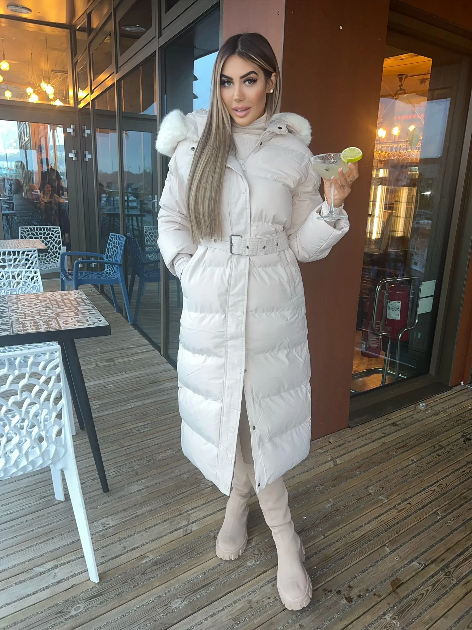 Chantel Long Padded Faux Fur Hooded Coat - Cream