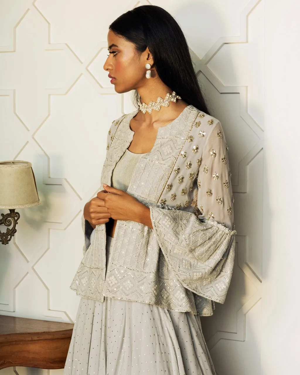 Chikankari Jacket With Layered Lehenga