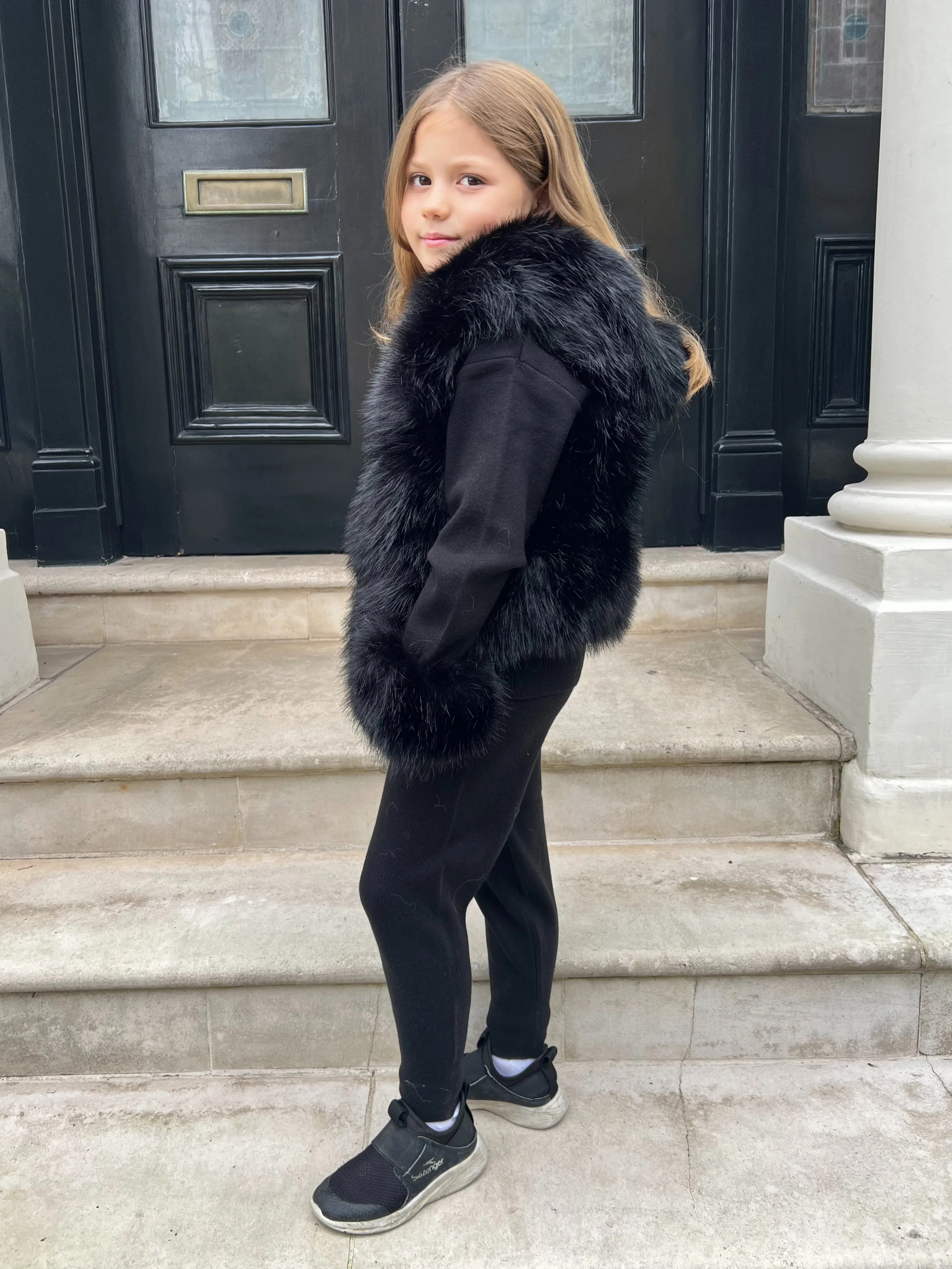 Childrens Black Premium Faux Fur Short Gilet