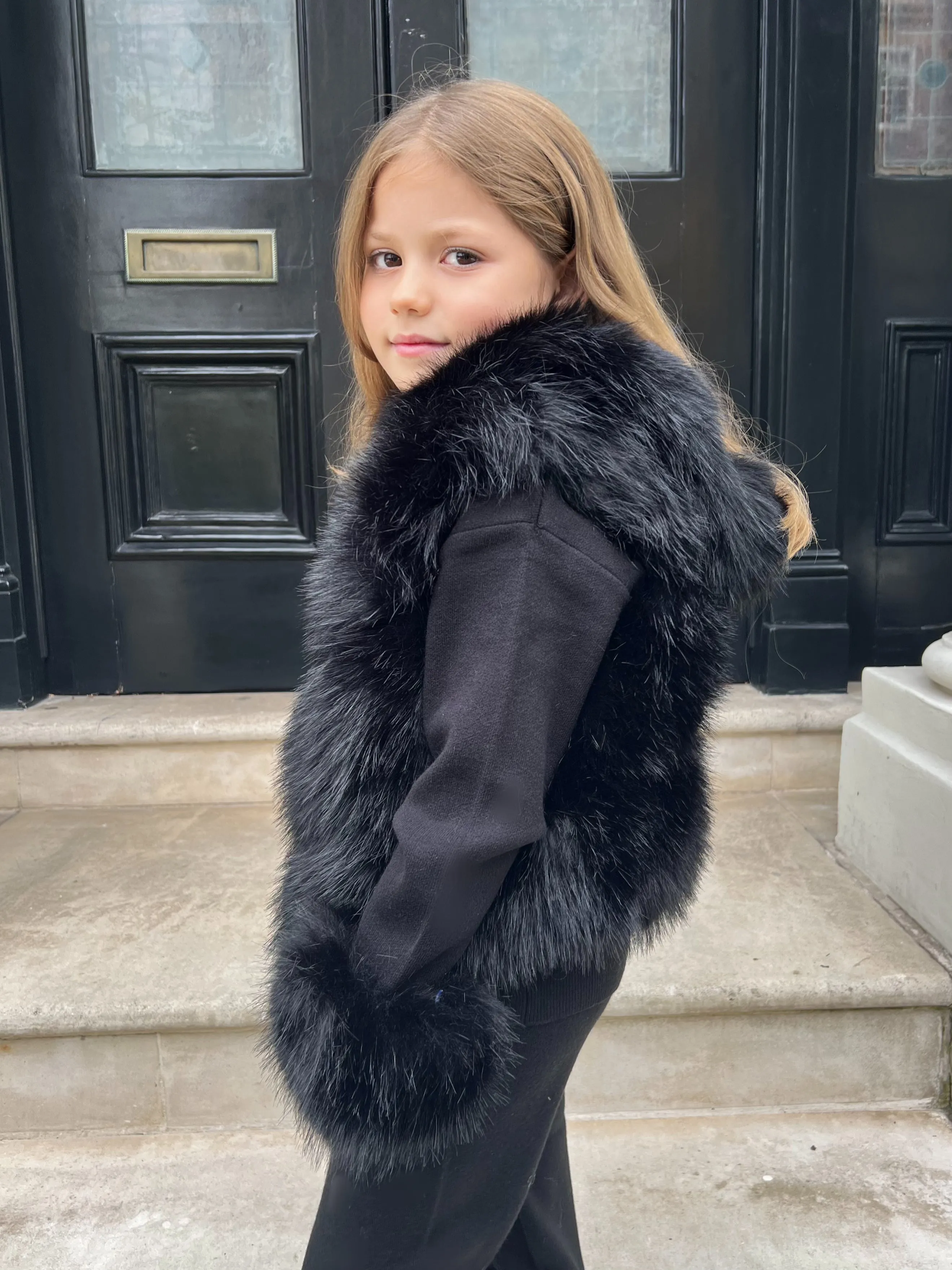 Childrens Black Premium Faux Fur Short Gilet