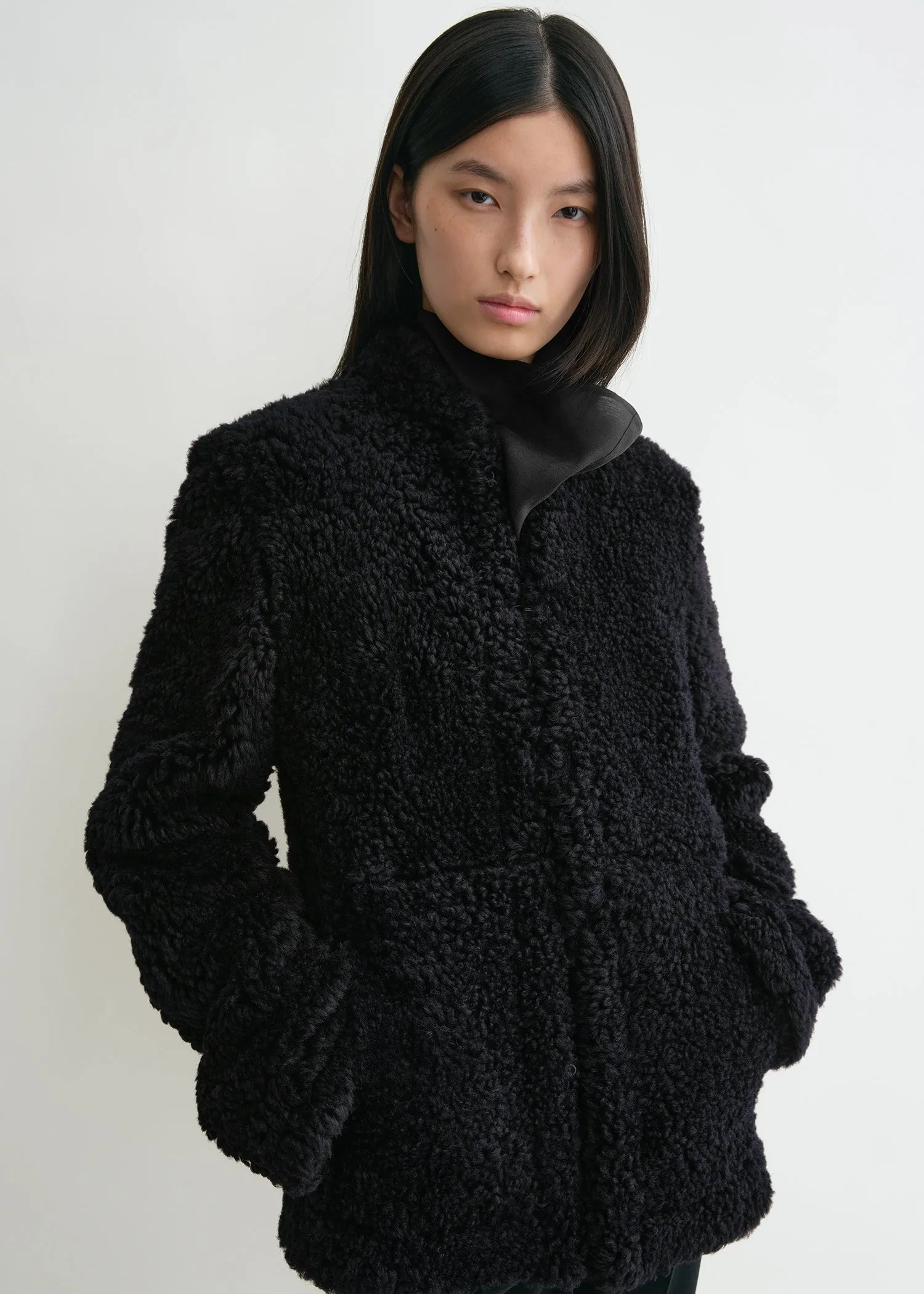 Cinched shearling jacket navy