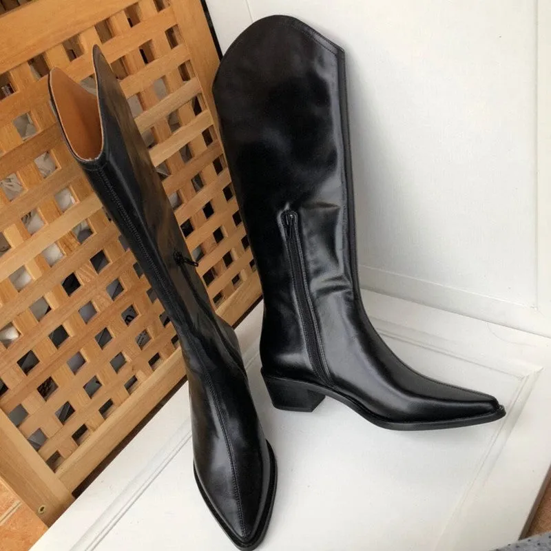 Classic Cowboy Boots with 100% Sheepskin Lining Knee High Mid Heel Side Zipper Pointed Toe Handmade Genuine Leather Black/Coffee/White