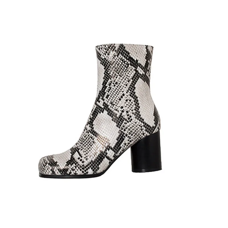 Classic Elegant Ankle Boots High Heel Side Zipper Genuine Leather Handmade Boots in Black/Apricot/Snake