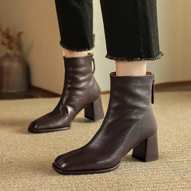 Classic Elegant Chelsea Boots Mid Heel Back Zipper Boots For Women Square Toe in Black/Brown