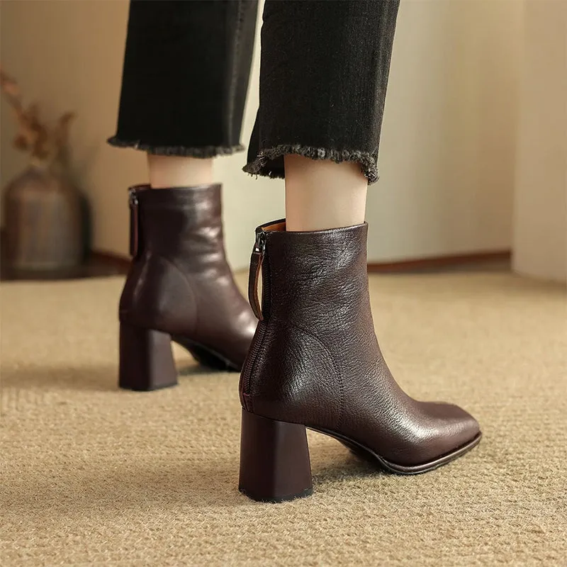 Classic Elegant Chelsea Boots Mid Heel Back Zipper Boots For Women Square Toe in Black/Brown