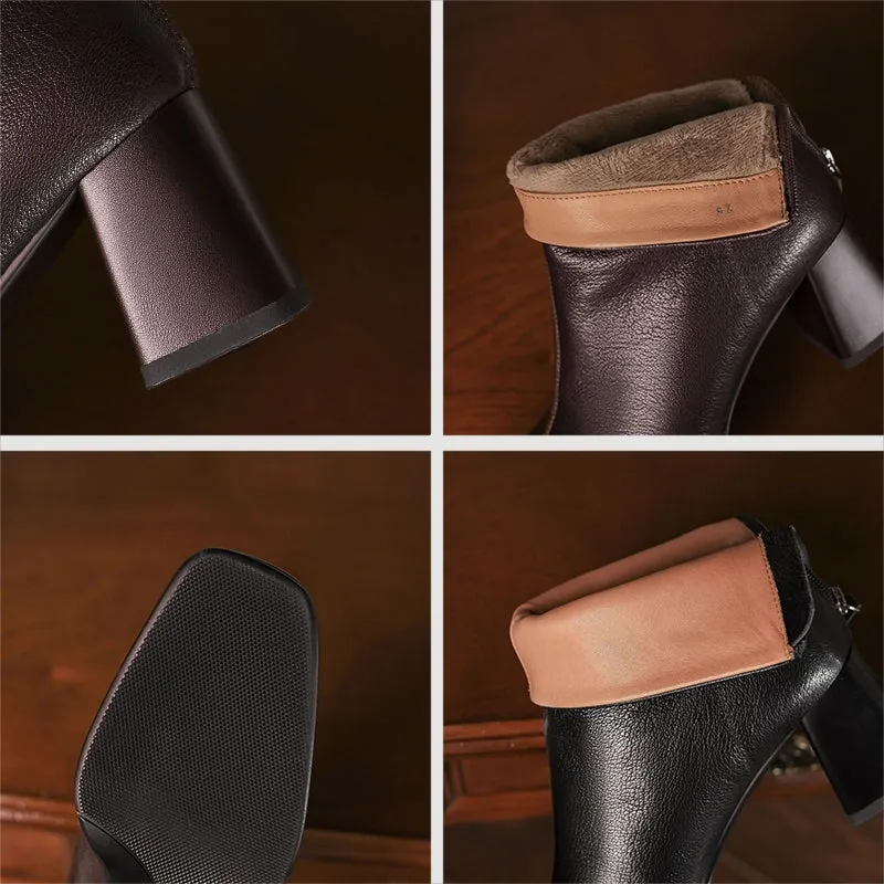 Classic Elegant Chelsea Boots Mid Heel Back Zipper Boots For Women Square Toe in Black/Brown