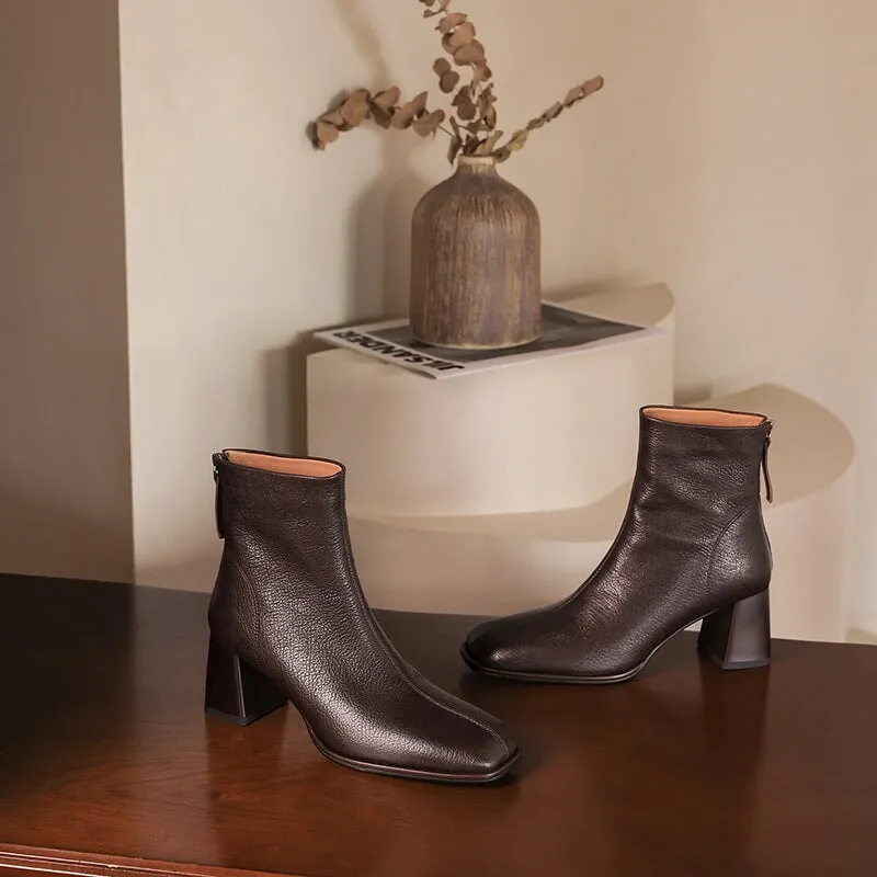 Classic Elegant Chelsea Boots Mid Heel Back Zipper Boots For Women Square Toe in Black/Brown