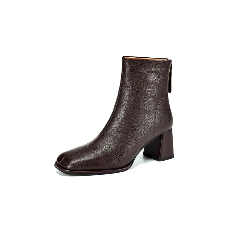 Classic Elegant Chelsea Boots Mid Heel Back Zipper Boots For Women Square Toe in Black/Brown