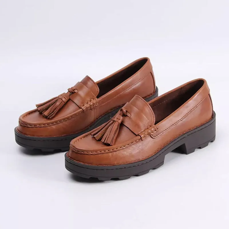 Classic Leather Tassel Loafers For Women Soft Chunky Slip-On In Black/Gray/Brown