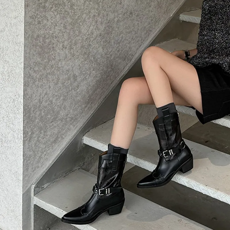 Cool Style Leather Chunky Heel Chelsea Boots For Women Point Toe Short Boots In Black