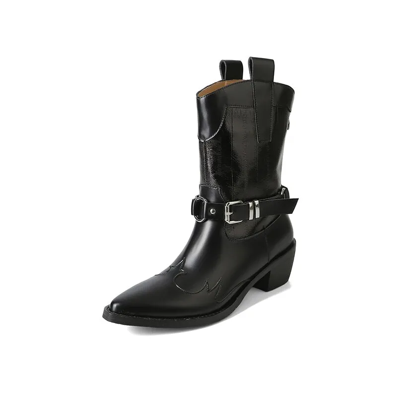 Cool Style Leather Chunky Heel Chelsea Boots For Women Point Toe Short Boots In Black