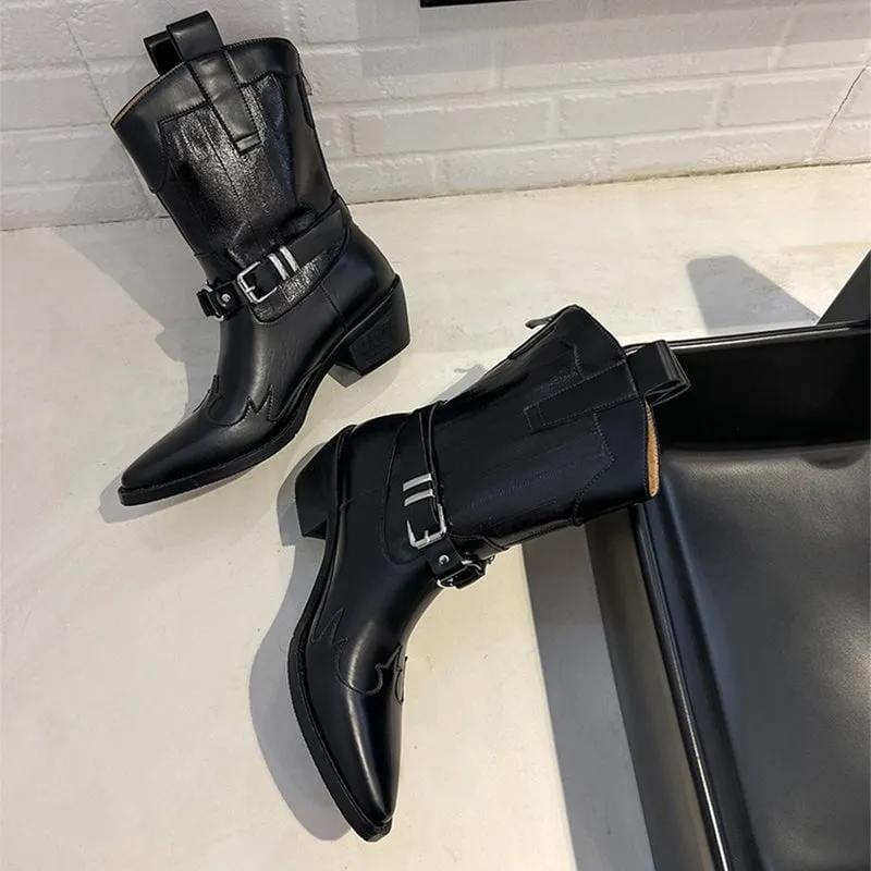 Cool Style Leather Chunky Heel Chelsea Boots For Women Point Toe Short Boots In Black