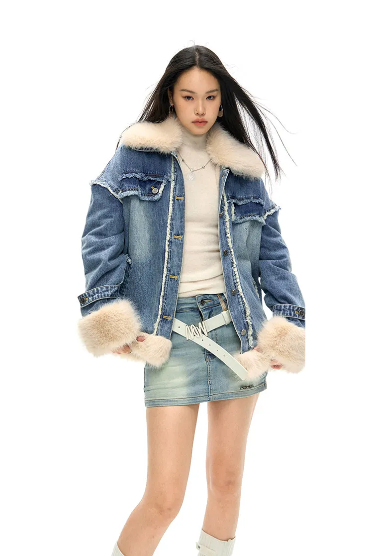 Cowboys Detachable Collar Sheep Shearling Denim jacket