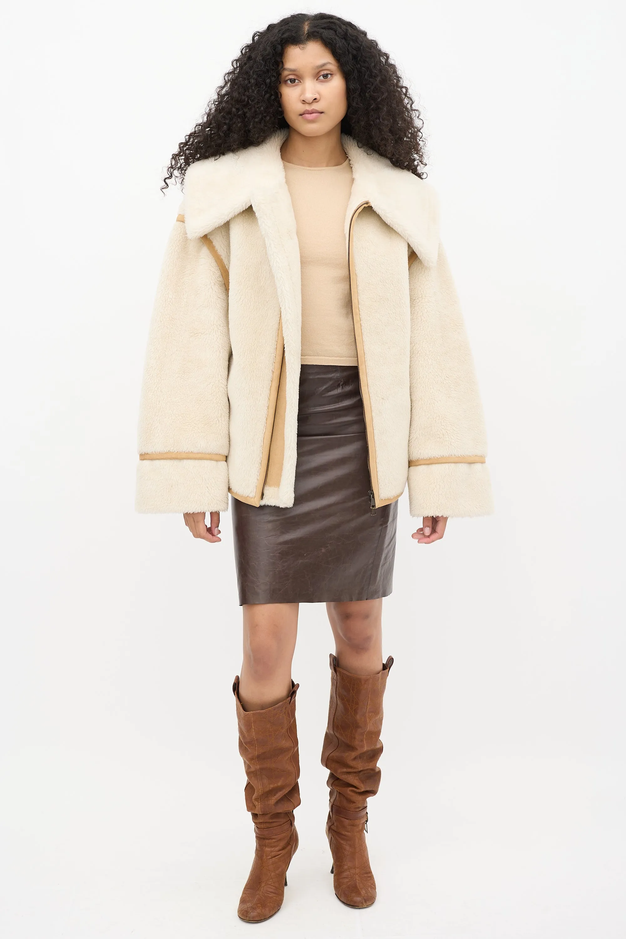 Cream Faux Shearling & Brown Suede Aviator Jacket