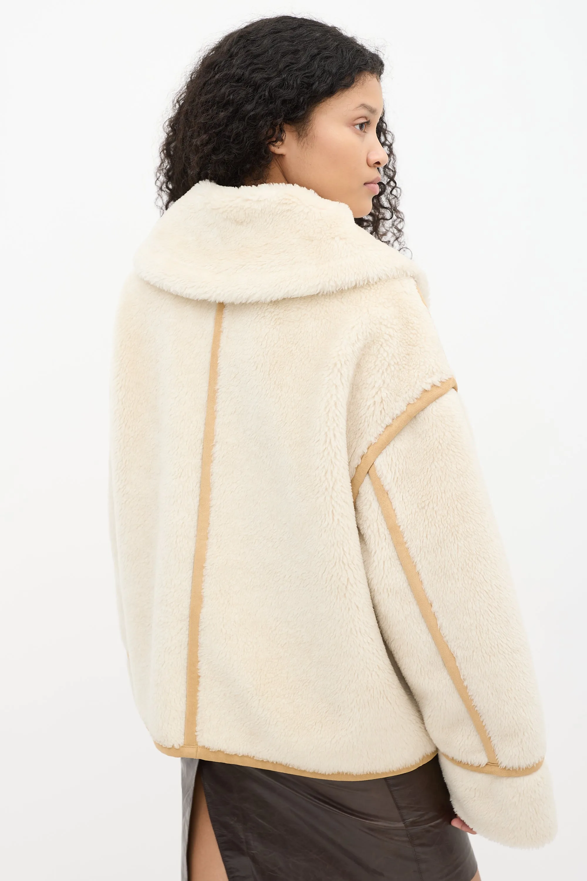 Cream Faux Shearling & Brown Suede Aviator Jacket