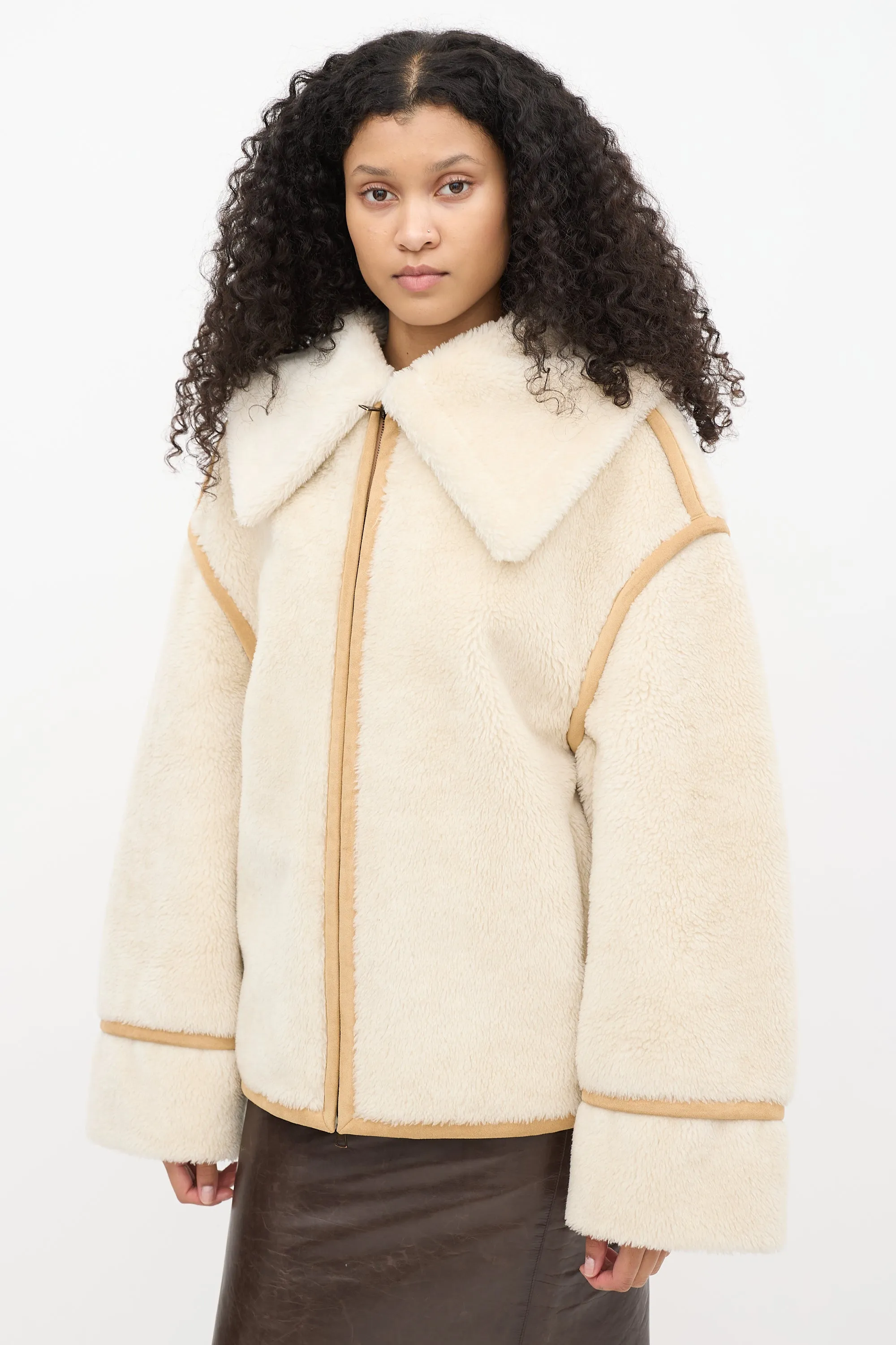 Cream Faux Shearling & Brown Suede Aviator Jacket