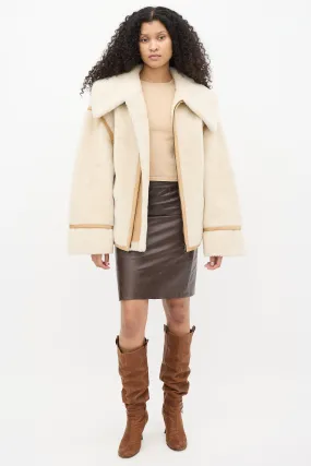 Cream Faux Shearling & Brown Suede Aviator Jacket