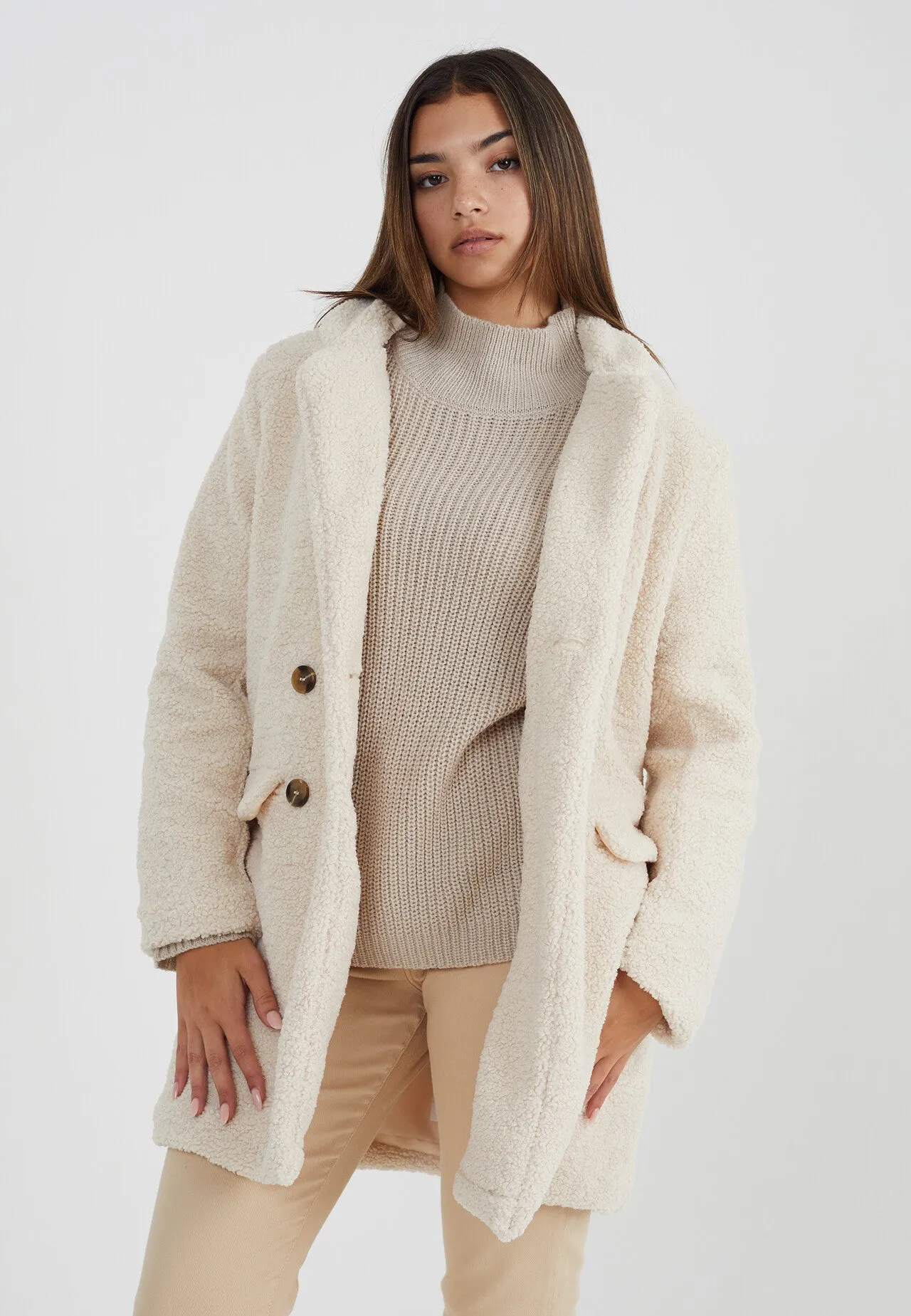 CREAM STEAM CURLED FAUX FUR LONGLINE JACKET