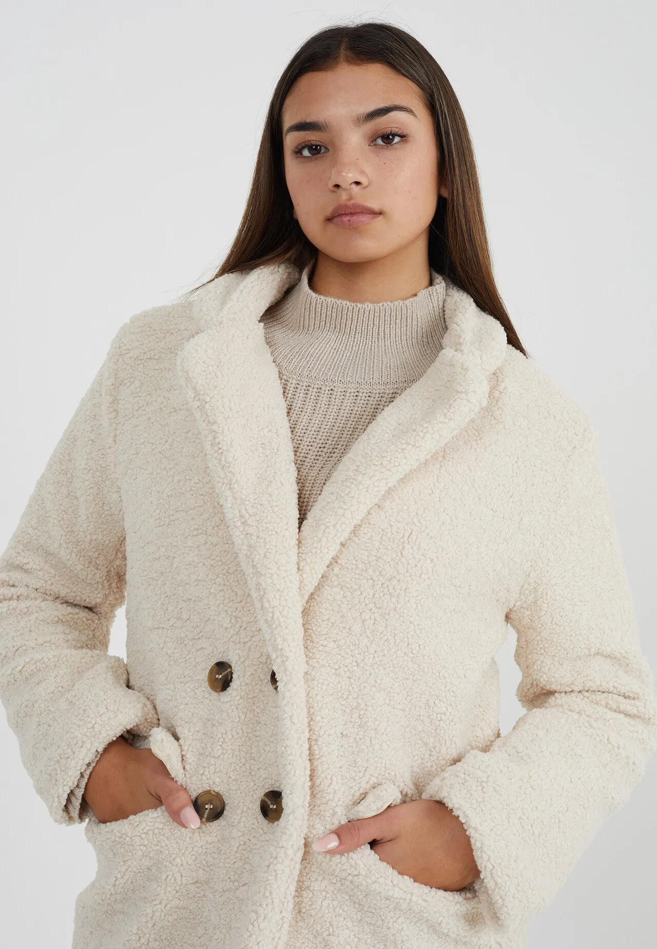 CREAM STEAM CURLED FAUX FUR LONGLINE JACKET