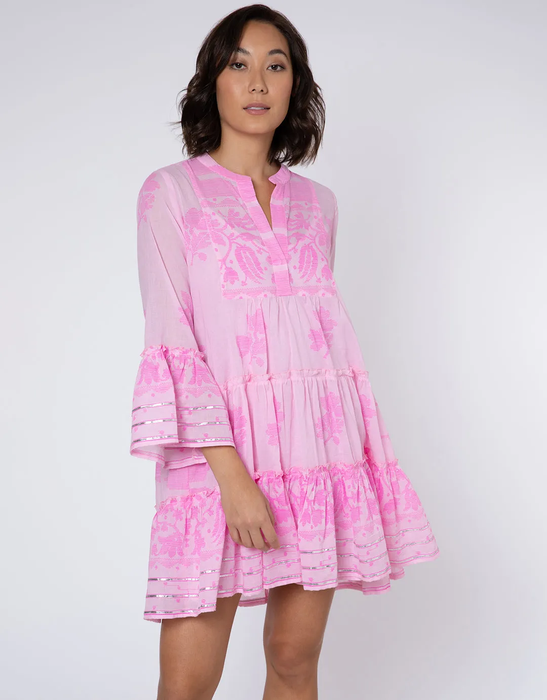 Dhaka Print Flared Sleeve Dress - Pink and Neon Pink