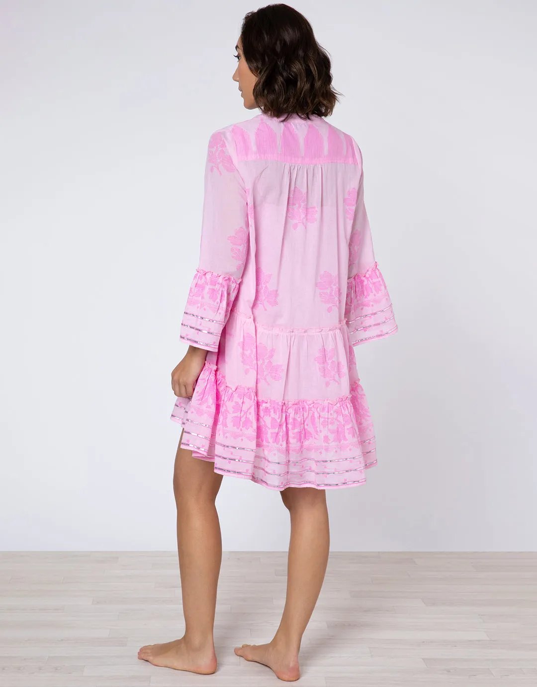 Dhaka Print Flared Sleeve Dress - Pink and Neon Pink