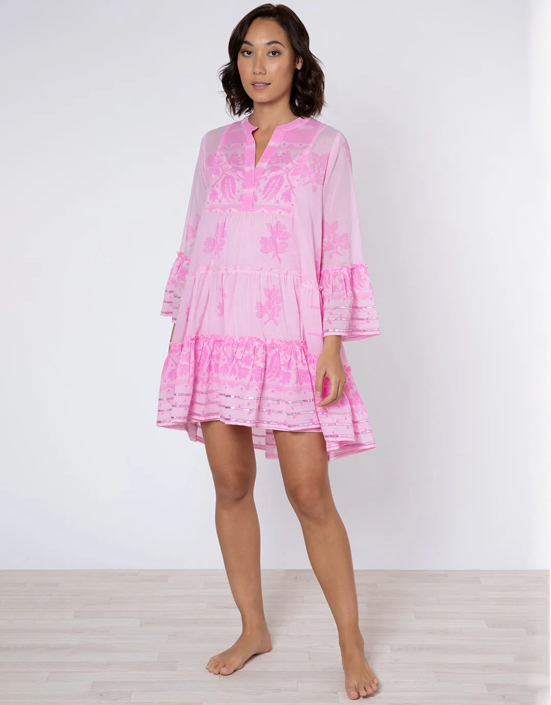 Dhaka Print Flared Sleeve Dress - Pink and Neon Pink