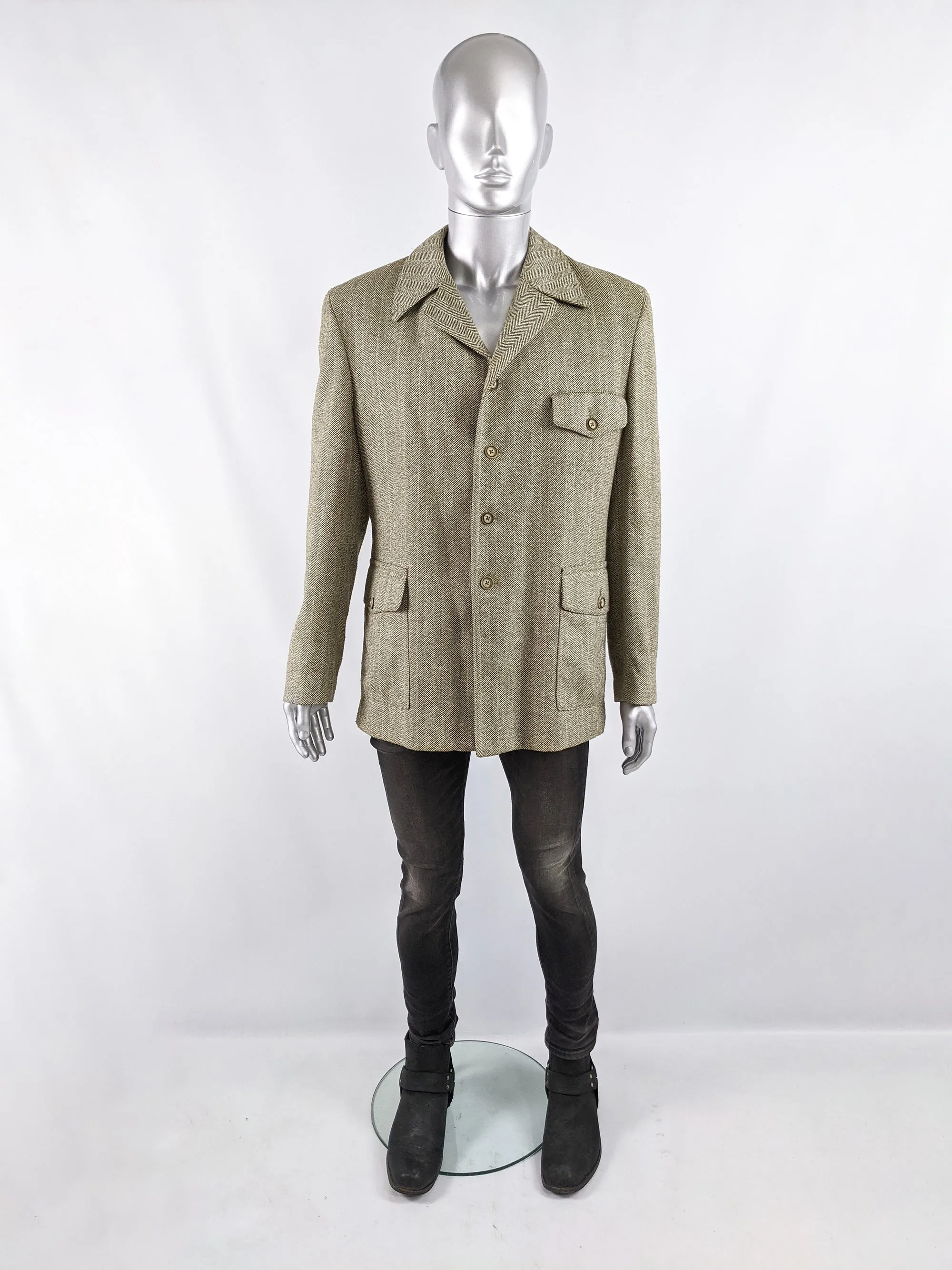 Dhobi Vintage 1970s Mens Wool Herringbone Tweed Jacket