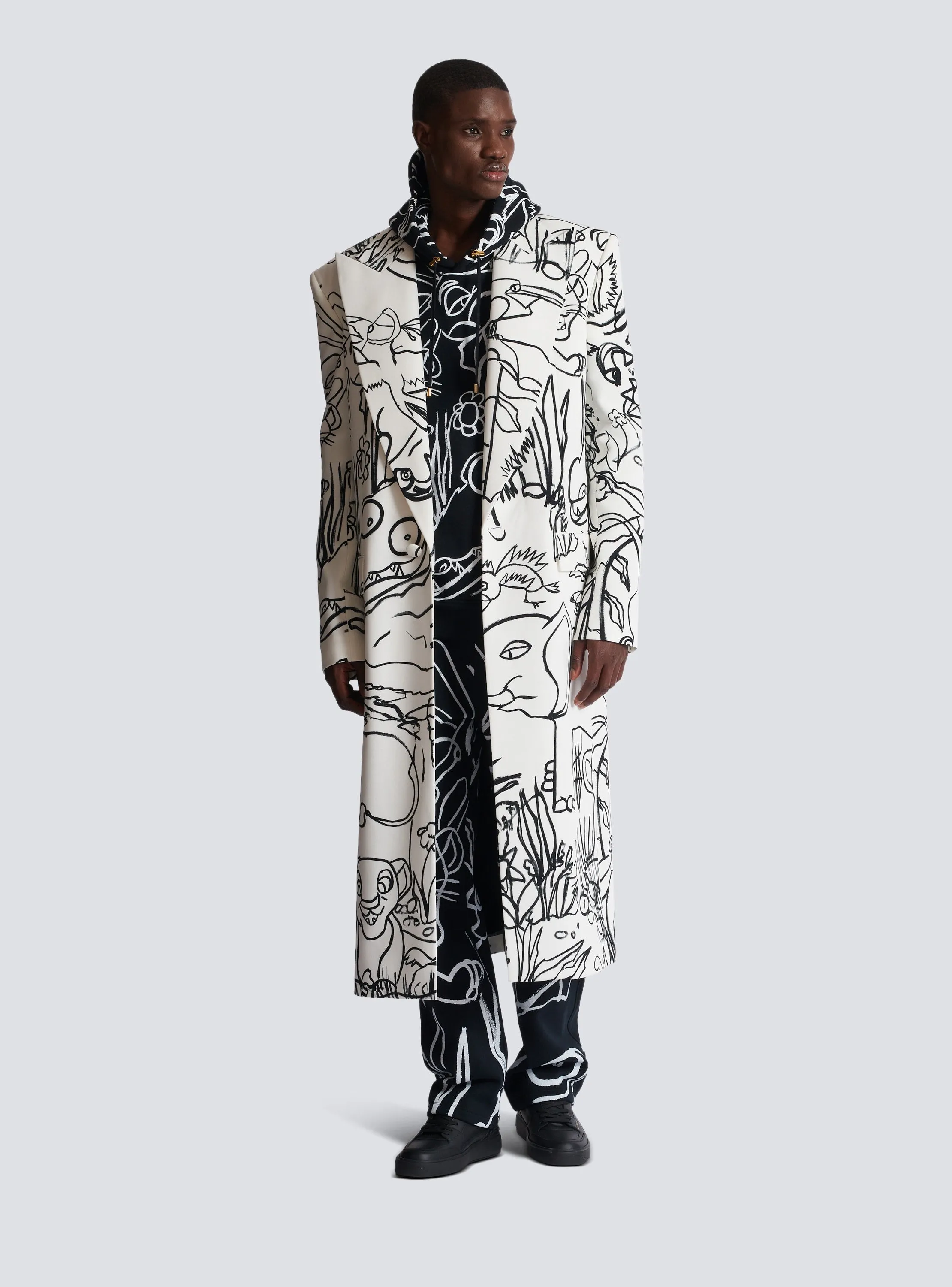 Disney x Balmain: The Lion King - Long Crepe Coat With Enfant Précoce Print