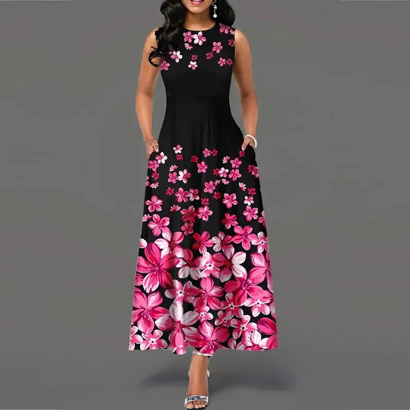 Dress for Women 2022 Summer Vintage Sleeveless Floral Print Party Dress Casual Slim A-Line Maxi Dresses Elegant Long Sundress