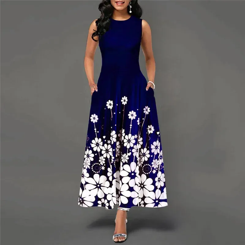 Dress for Women 2022 Summer Vintage Sleeveless Floral Print Party Dress Casual Slim A-Line Maxi Dresses Elegant Long Sundress