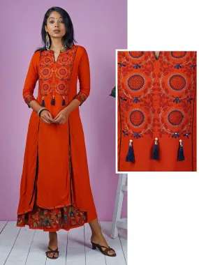 Embroidered & Printed Flared Slit Kurta - Rust