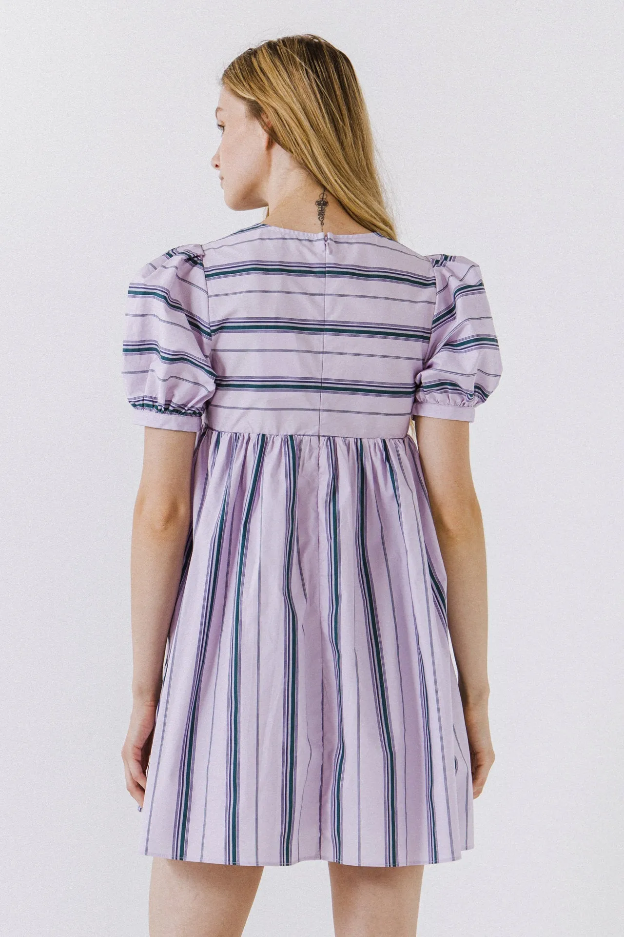 English Factory - Puff Sleeve Striped Mini Dress