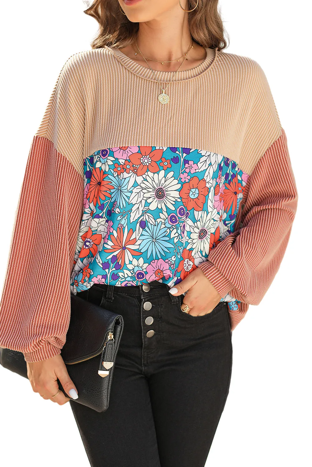 Floral Colorblock Ribbed Top