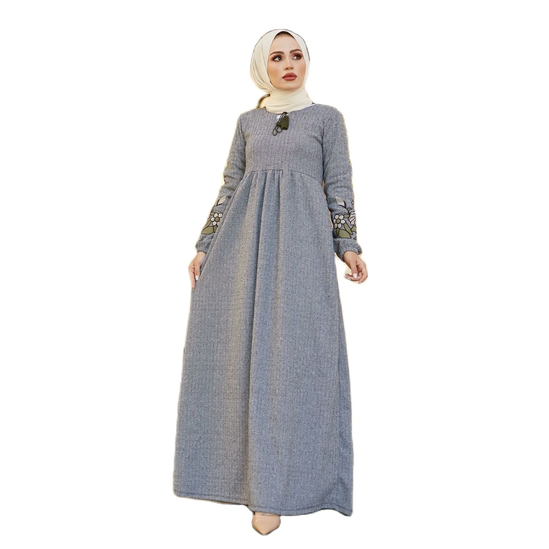 Flower Embroidery Plus Size Abaya Dress