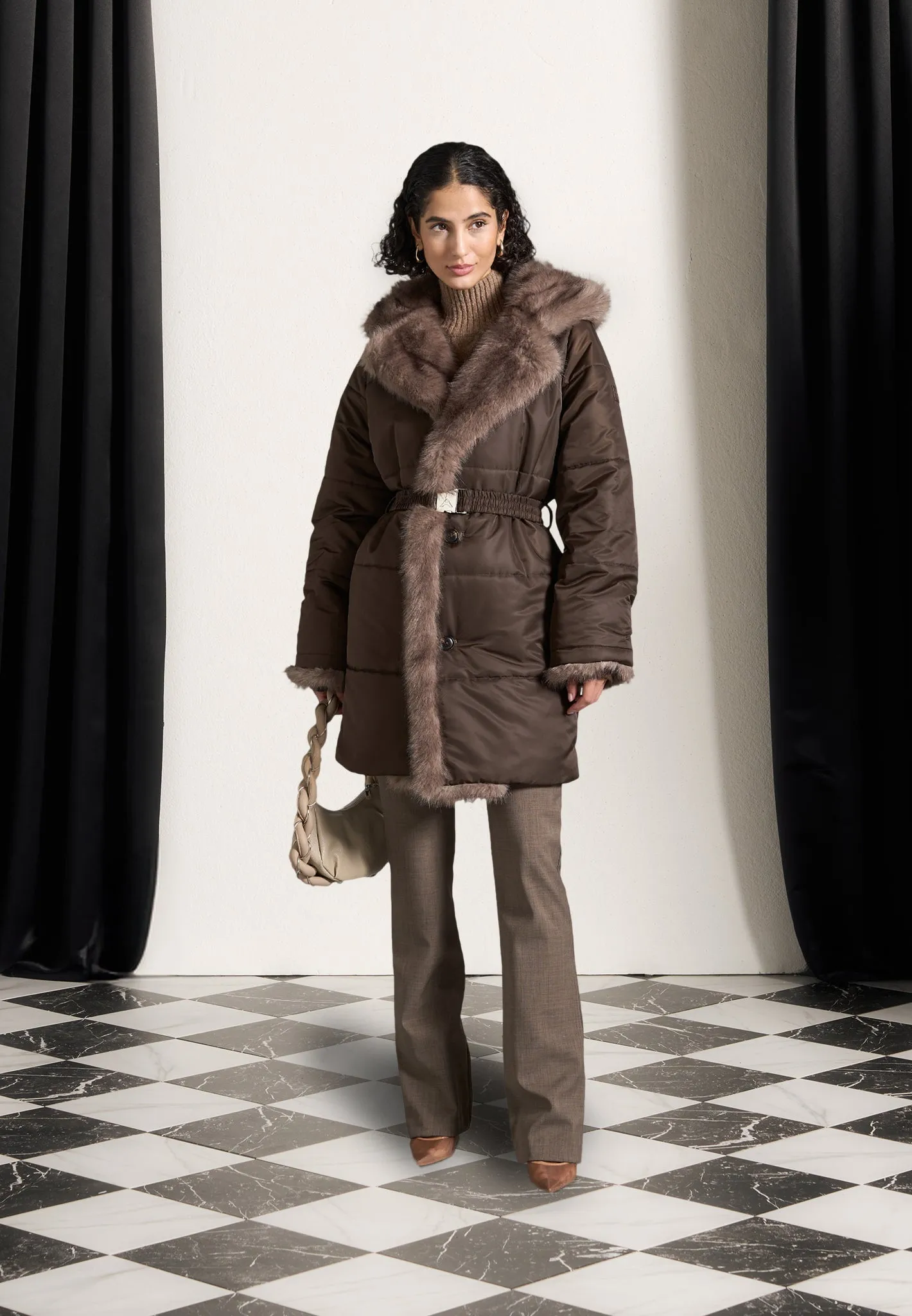 Fur Longline Belted Coat - Brown