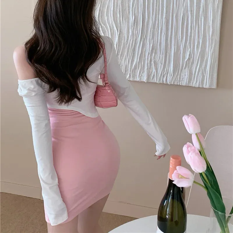 Girlary Clothes Slip Woman Dress Off Shoulder Mini Dresses for Women Short Sundress Sensual Sexy Pink Retro Fashion Xxl One-piece X