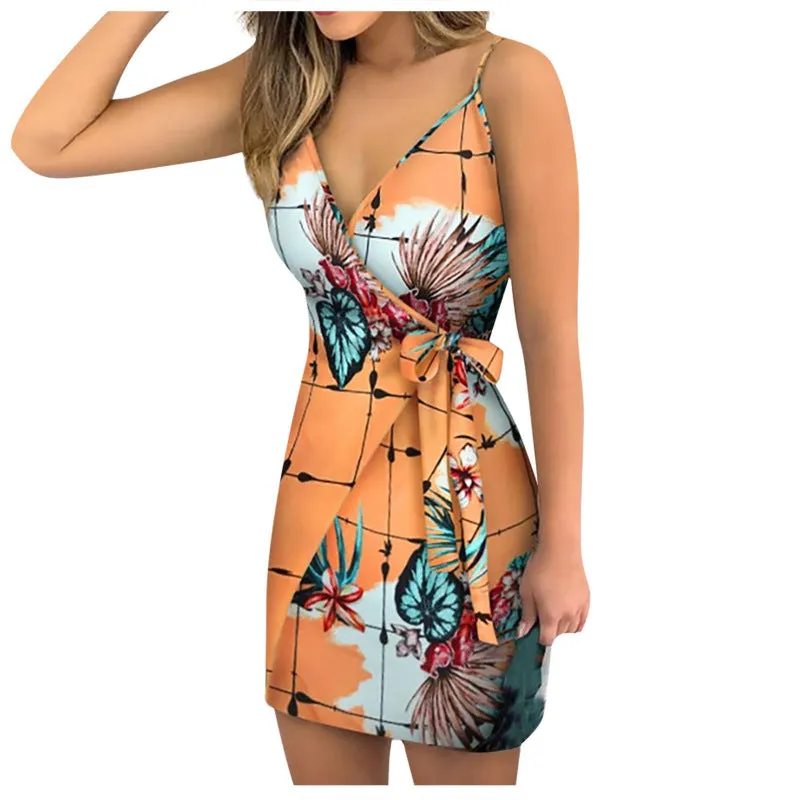 Girlie Plant Printing Slip Wrap Dress