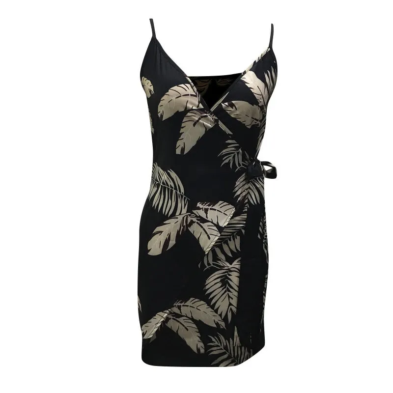 Girlie Plant Printing Slip Wrap Dress