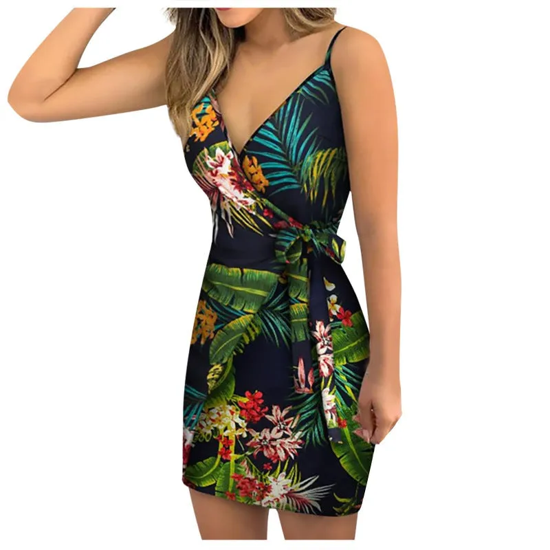 Girlie Plant Printing Slip Wrap Dress