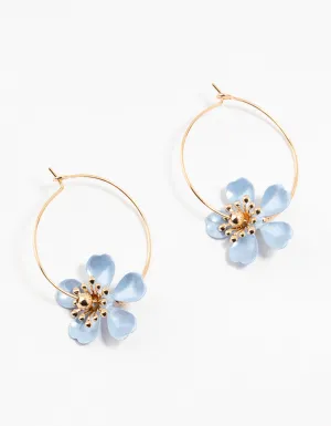 Gold Coated Blue Stapled Flower Hoop Earrings