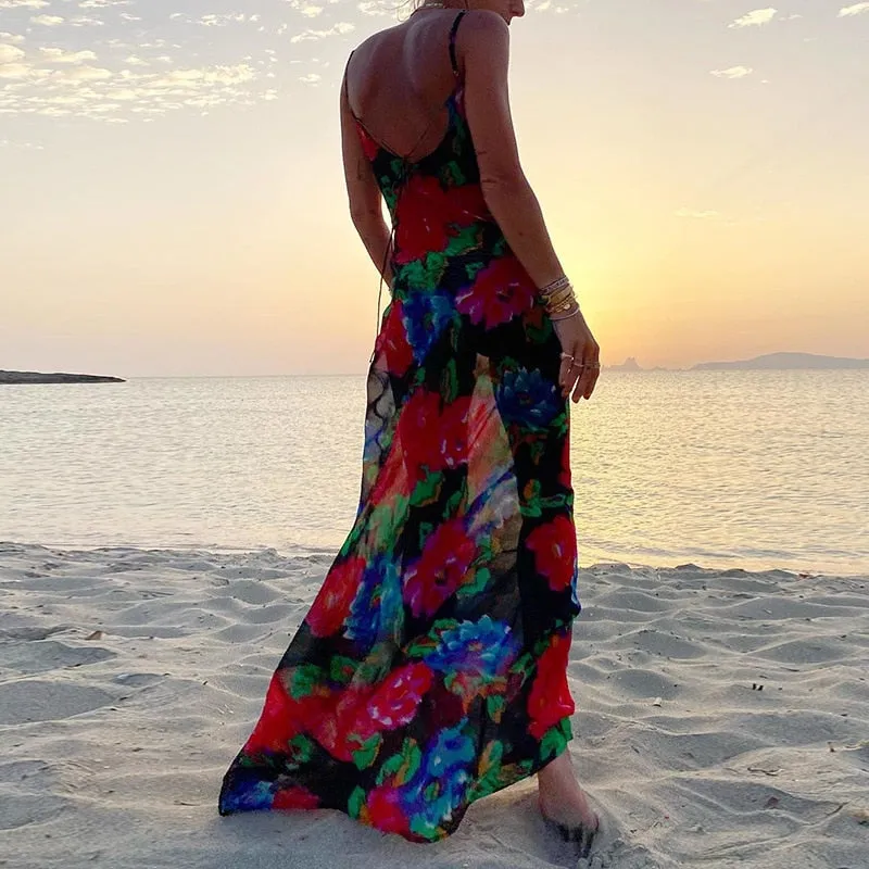 Graduation Party dress  Fashionkova Spaghetti Strap Women's Slip Dress Floral Print Sexy Backless Maxi Dresses Party Club Beach Long Dress Fall 2022