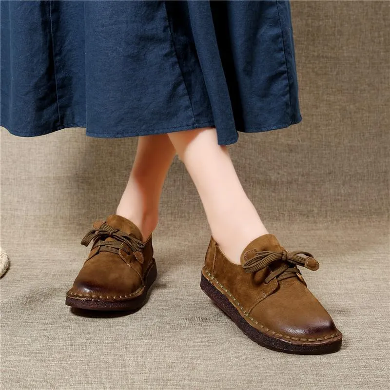 Handmade Leather Oxfords Women Low Heel Soft Sole Casual Slip On Shoes Brown/Khaki