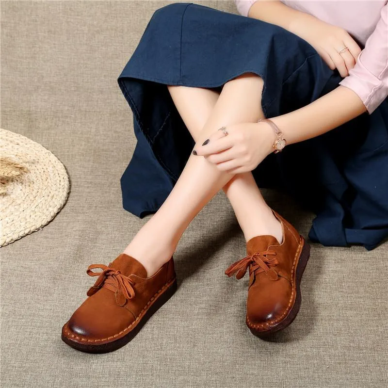 Handmade Leather Oxfords Women Low Heel Soft Sole Casual Slip On Shoes Brown/Khaki