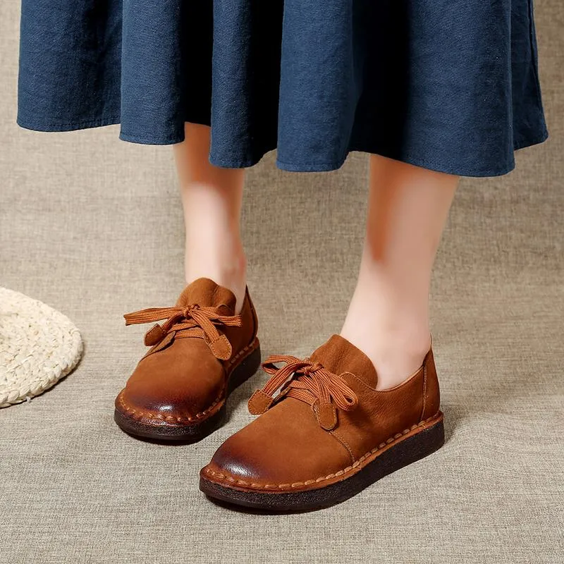 Handmade Leather Oxfords Women Low Heel Soft Sole Casual Slip On Shoes Brown/Khaki