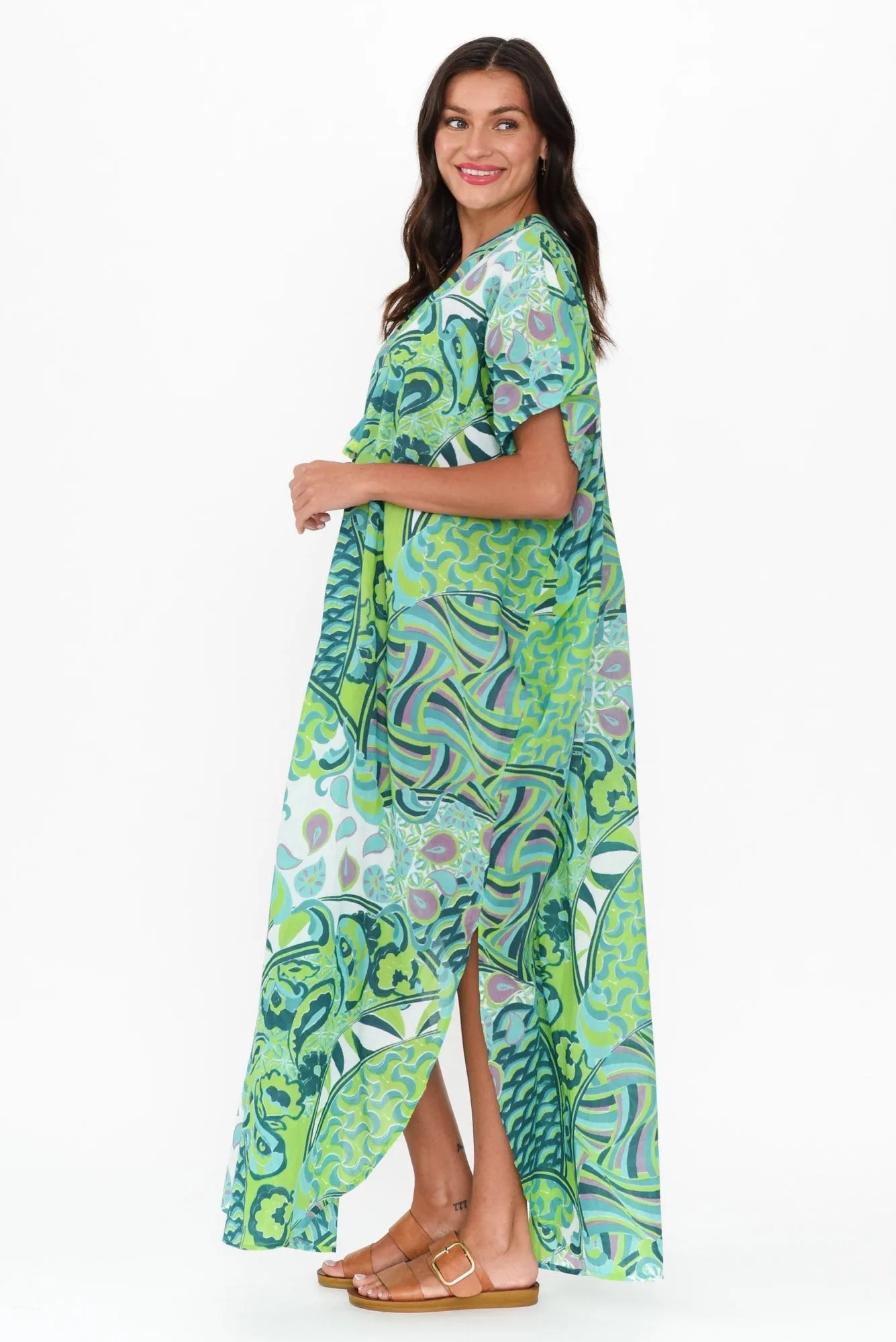 Isla Green Wave Cotton Kaftan