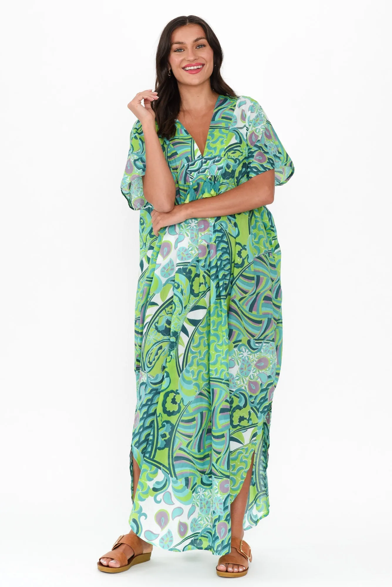 Isla Green Wave Cotton Kaftan