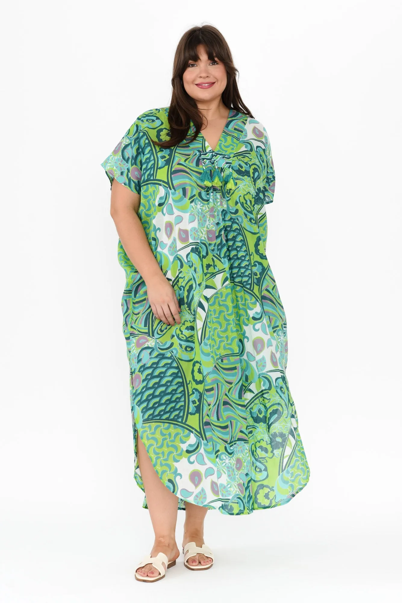 Isla Green Wave Cotton Kaftan