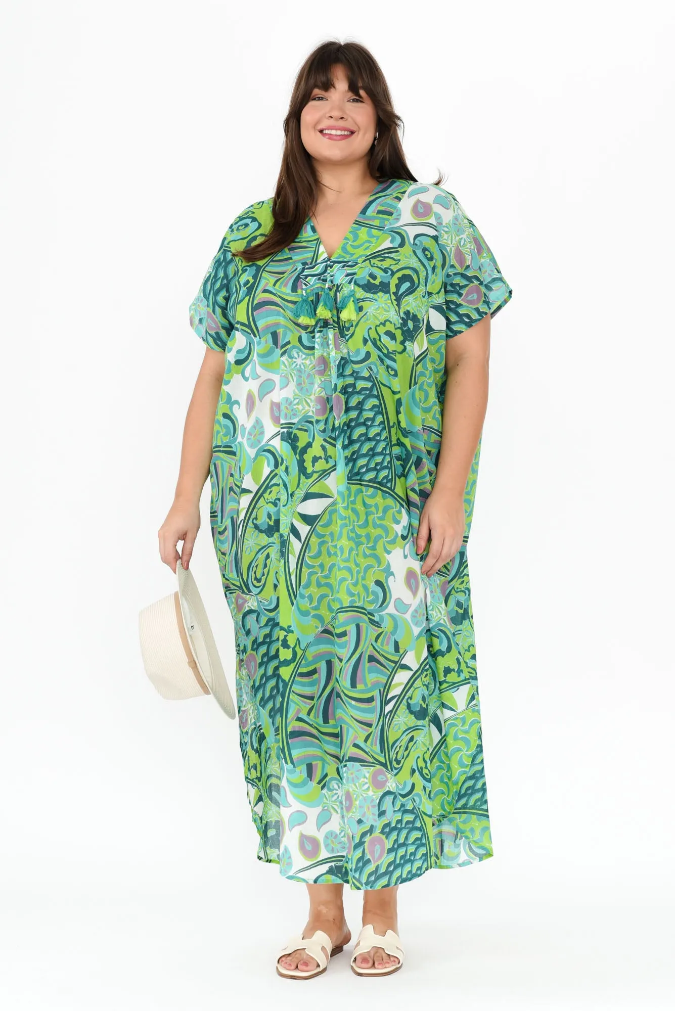 Isla Green Wave Cotton Kaftan