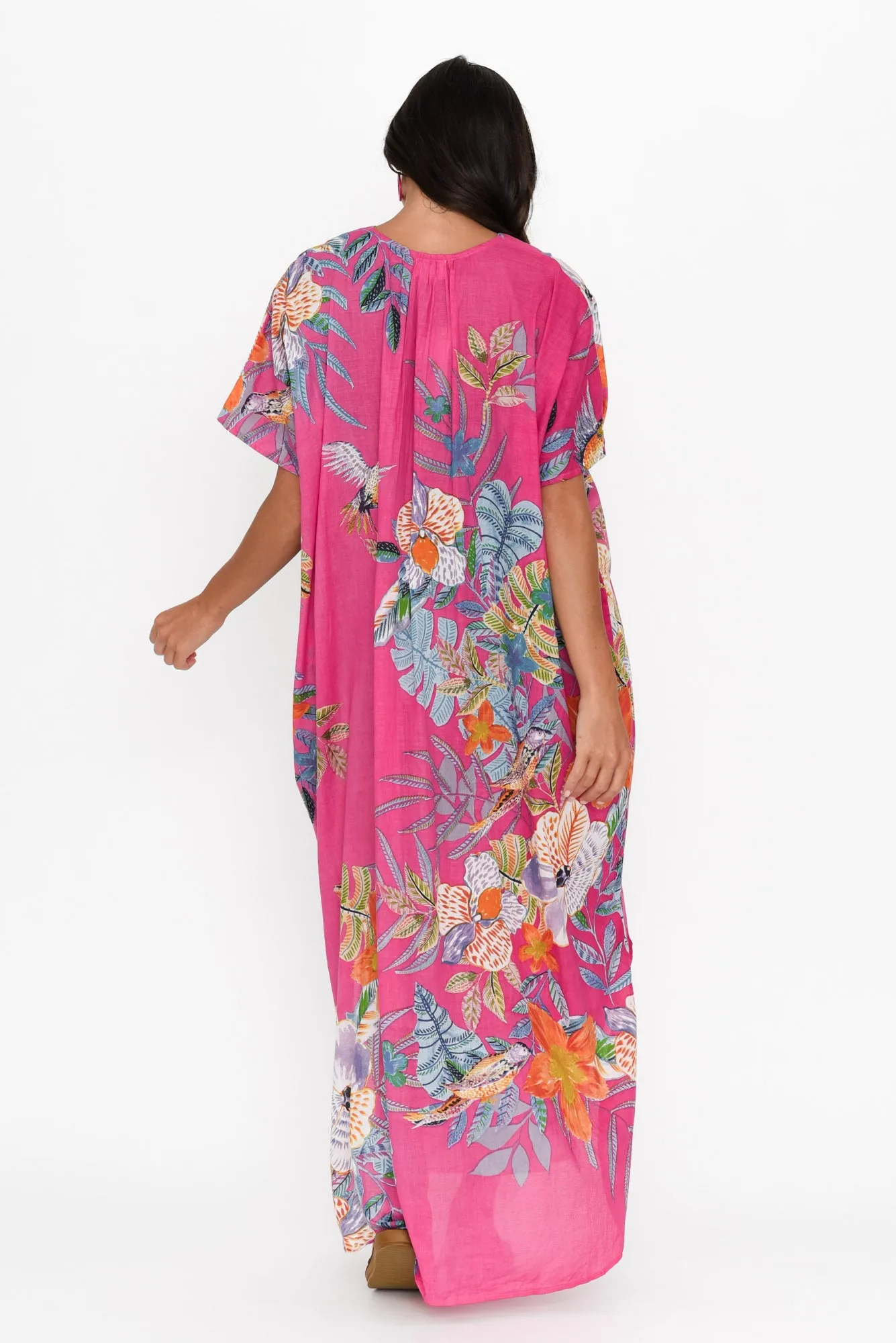 Isla Pink Bird Cotton Kaftan