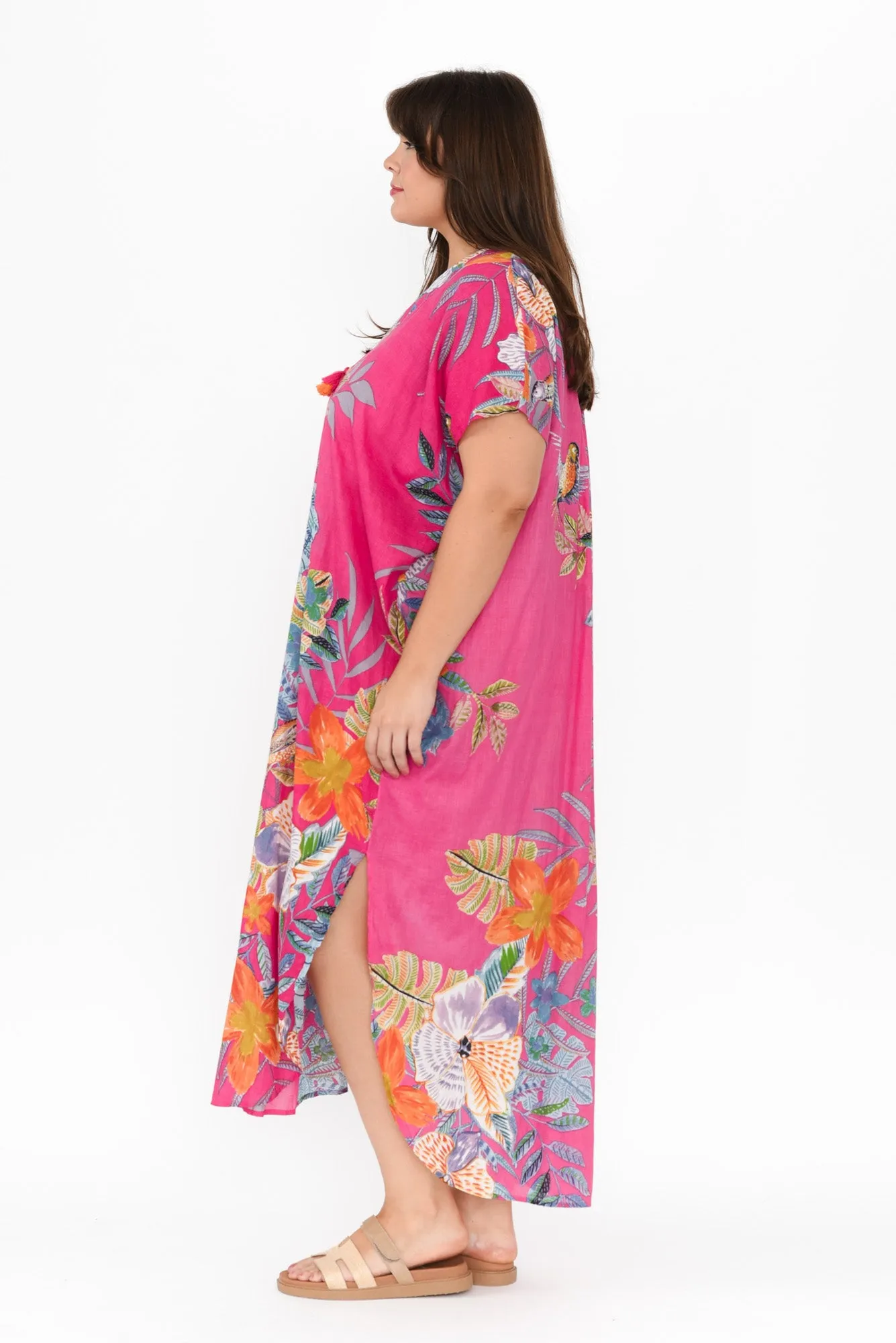 Isla Pink Bird Cotton Kaftan